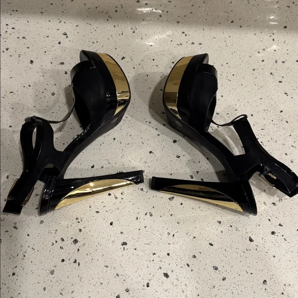 Gianni Bini Elegant Black and Gold Platform Special Occasion Heels Open Toe 8.5